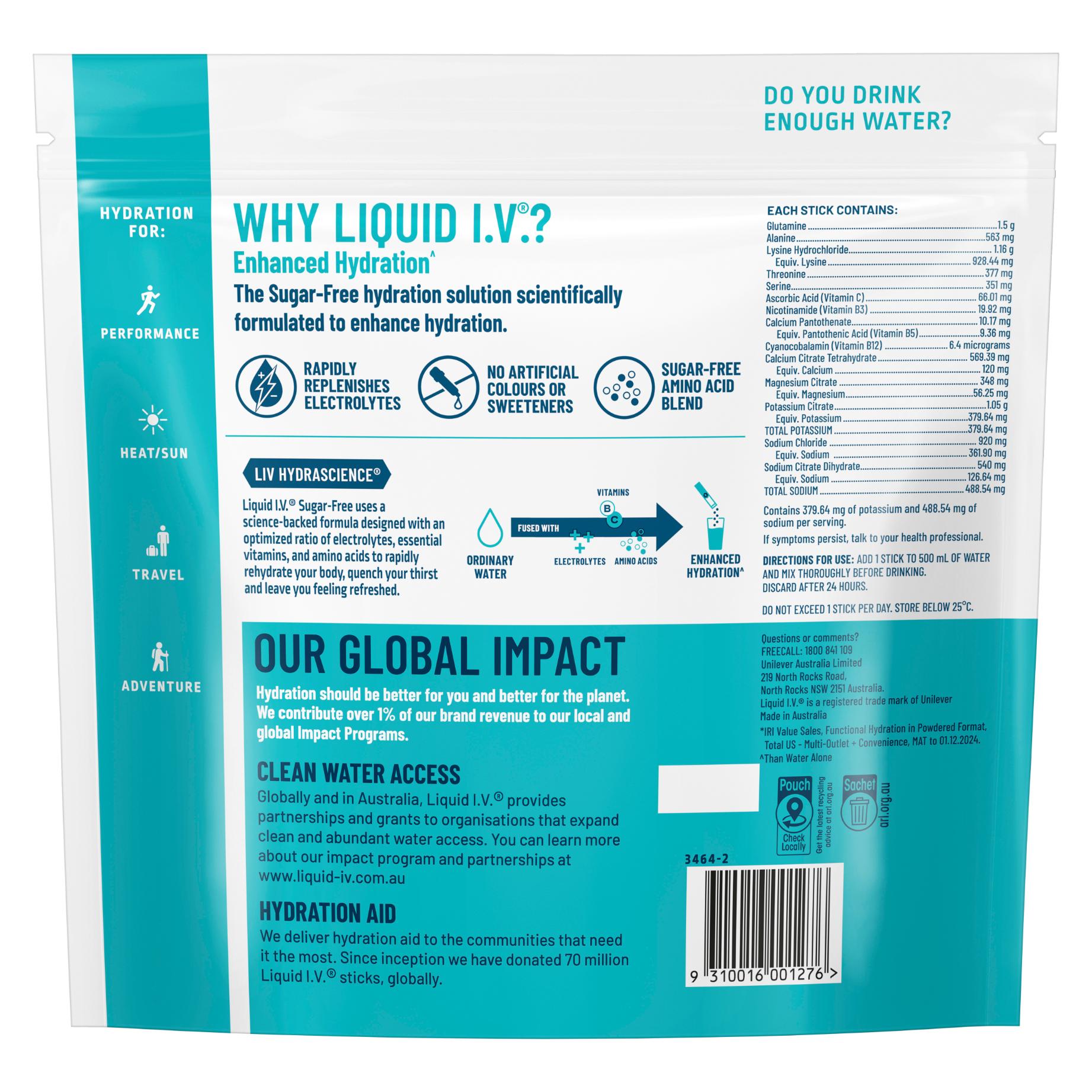 Back of a Liquid I.V. package with text and branding details.